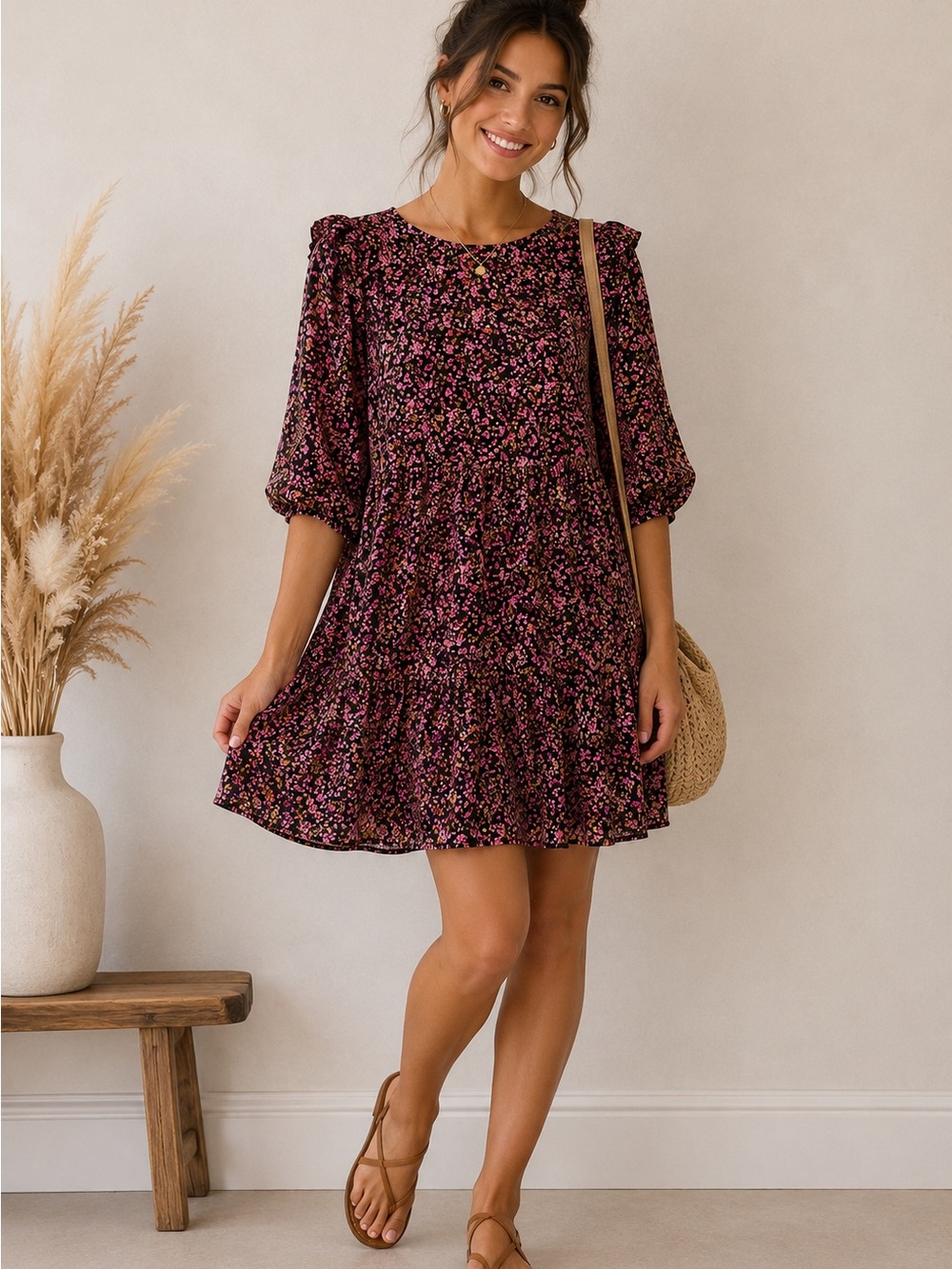 H&M Black Mini Dress with Pink Floral Ditsy Print - Picture 1 of 11